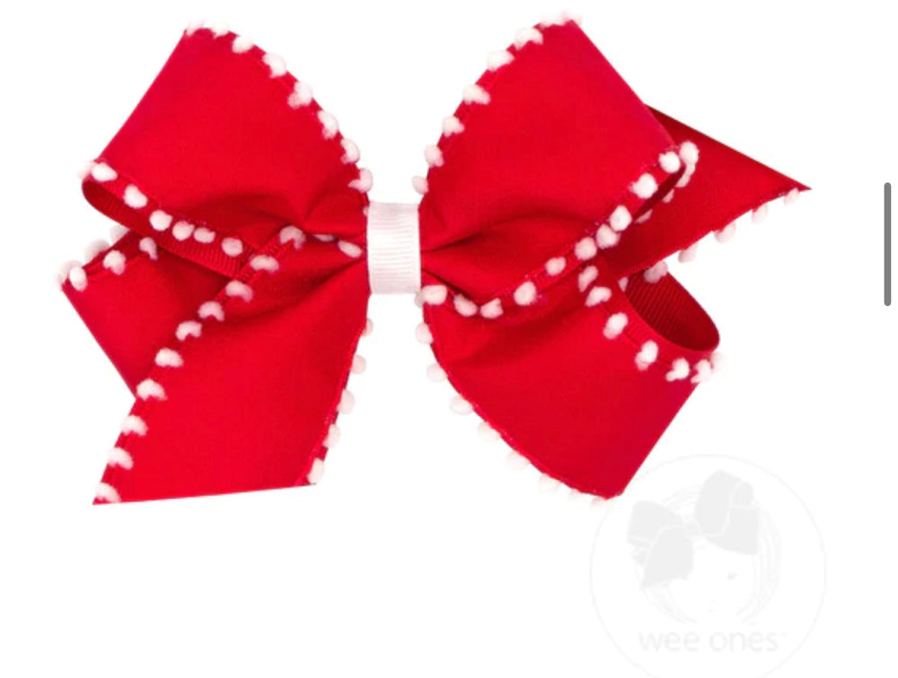 Medium Grosgain Bow - Red with White PomPom