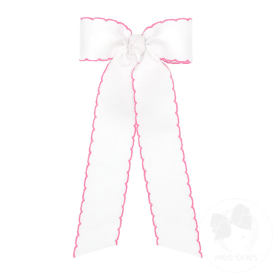 Medium Streamer Style Bow - White/Hot Pink Moonstitch