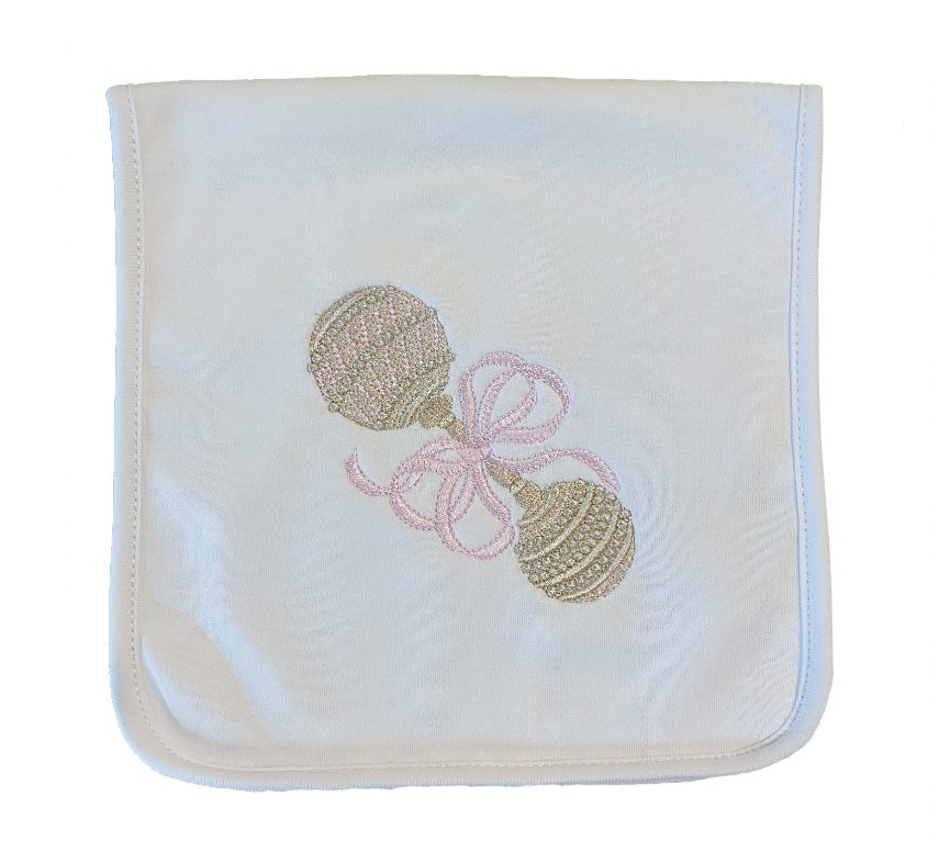 Rattle Embroidered Burp Cloth - Pink or Blue