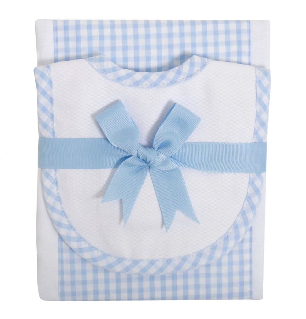 Blue Gingham Bib/Burp Cloth Set