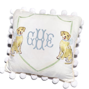 Retriever With Blue Bow Pom Pom Pillow Retriever With Blue Bow Pom Pom Pillow