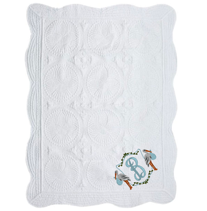 White Quilt with Embroidered Stork Frame and Initials White Quilt with Embroidered Stork Frame and Initials