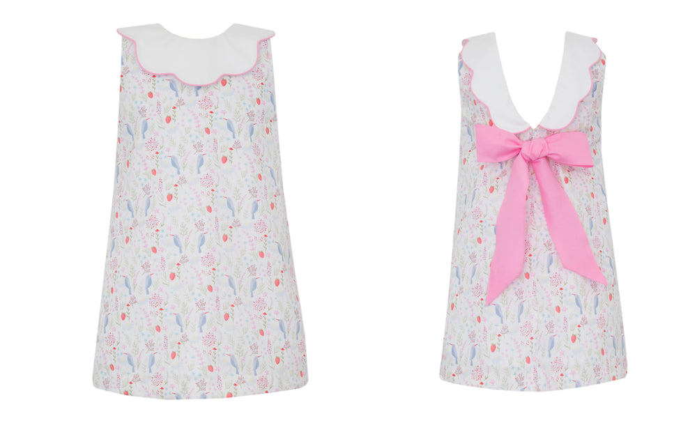 Sleeveless Scallop Collar Dress - Bird Print