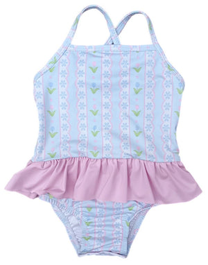 Lainey Swimsuit - Blue Floral Scallop