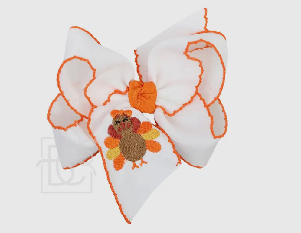 Large Hair Bow with Embroidered Turkey