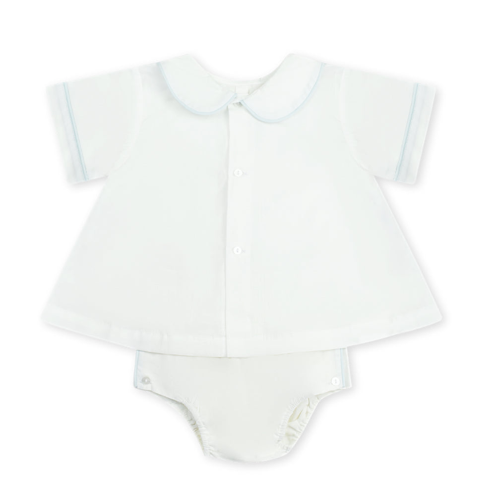 Dapper Diaper Set - White Batiste/Blue Piping