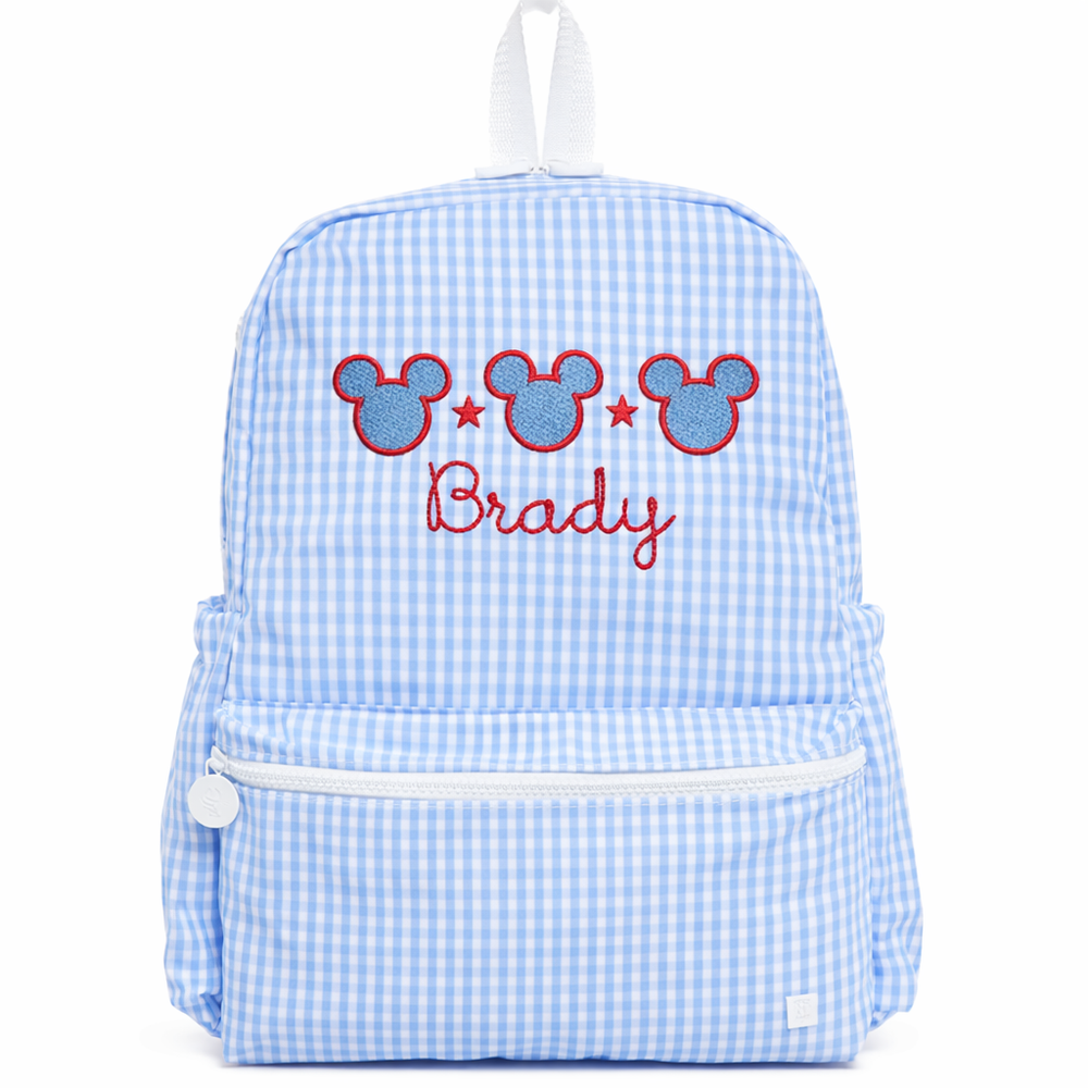 Blue Gingham Mouse Embroidered Backpack