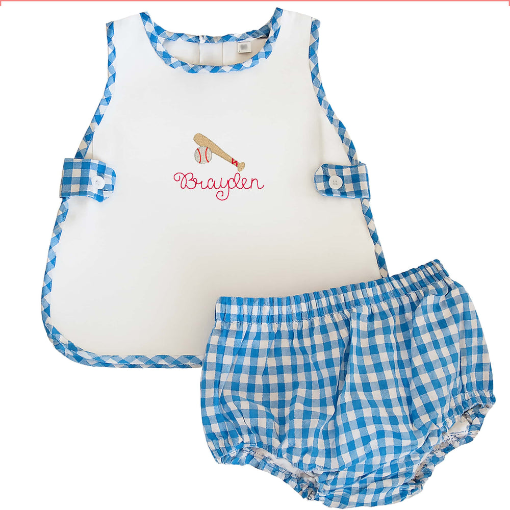 Blue Baseball Gingham Bloomer Set