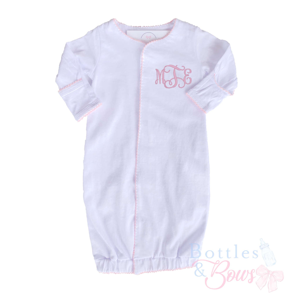Script Initials Embroidered Pink Trim Gown