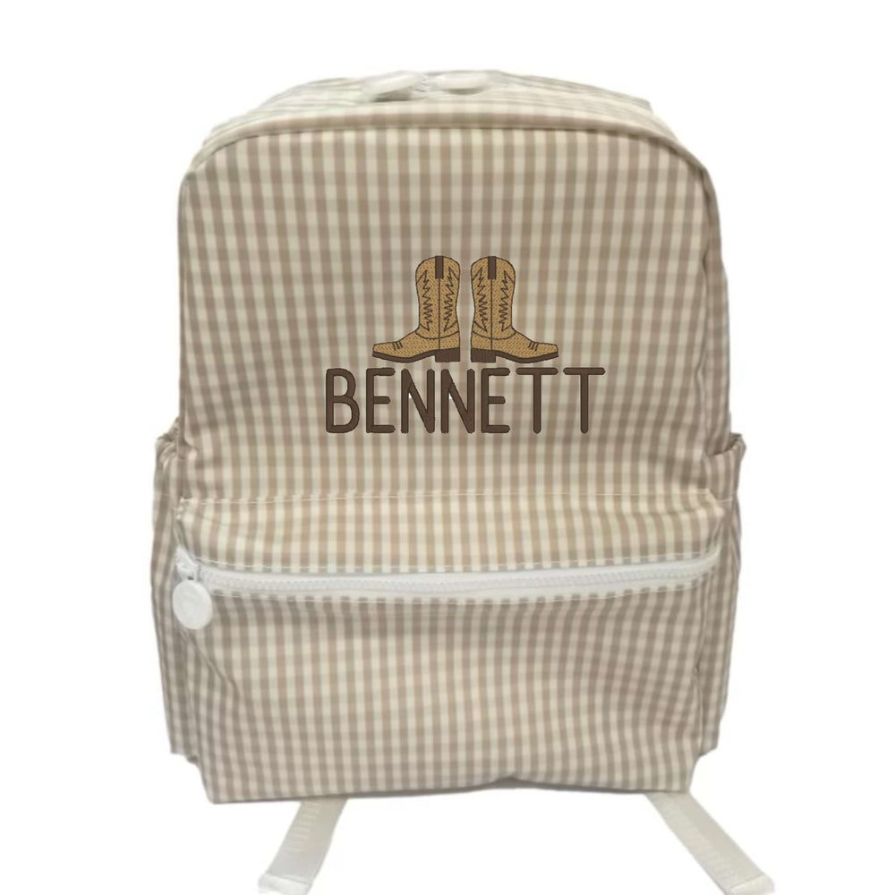 Khaki Gingham Embroidered Backpack