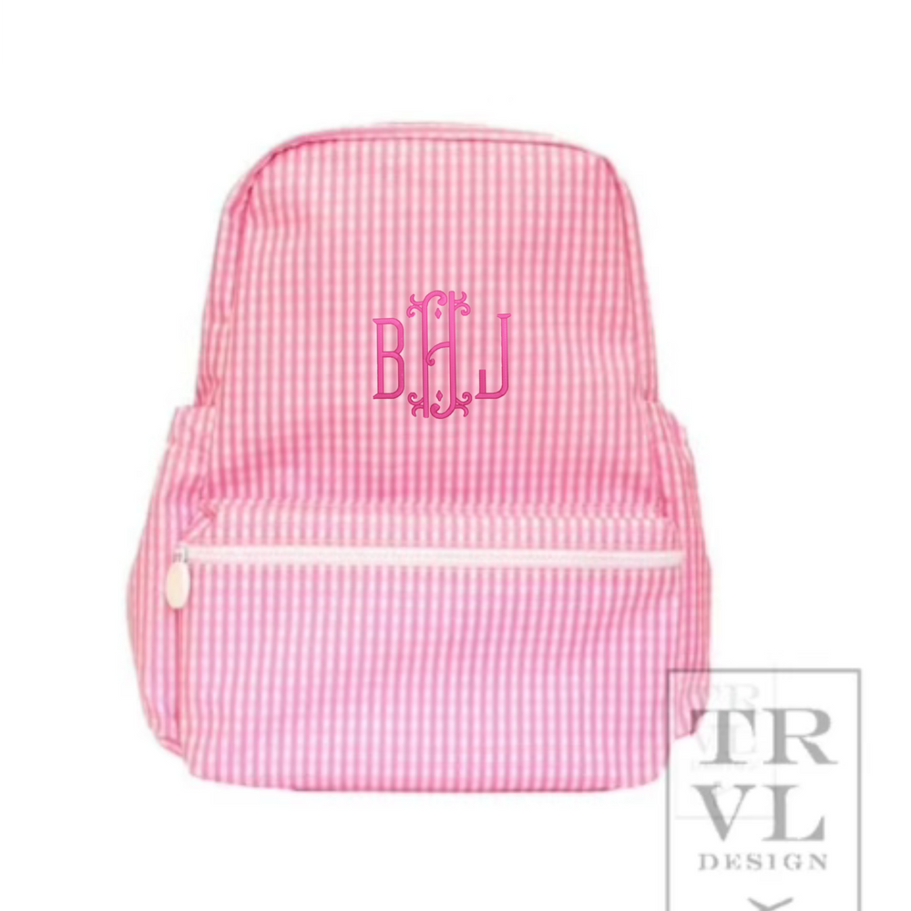 Pink Gingham Backpack with Embroidery