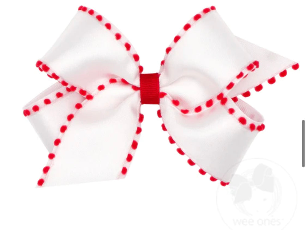 Medium Grosgain Bow - White with Red PomPom