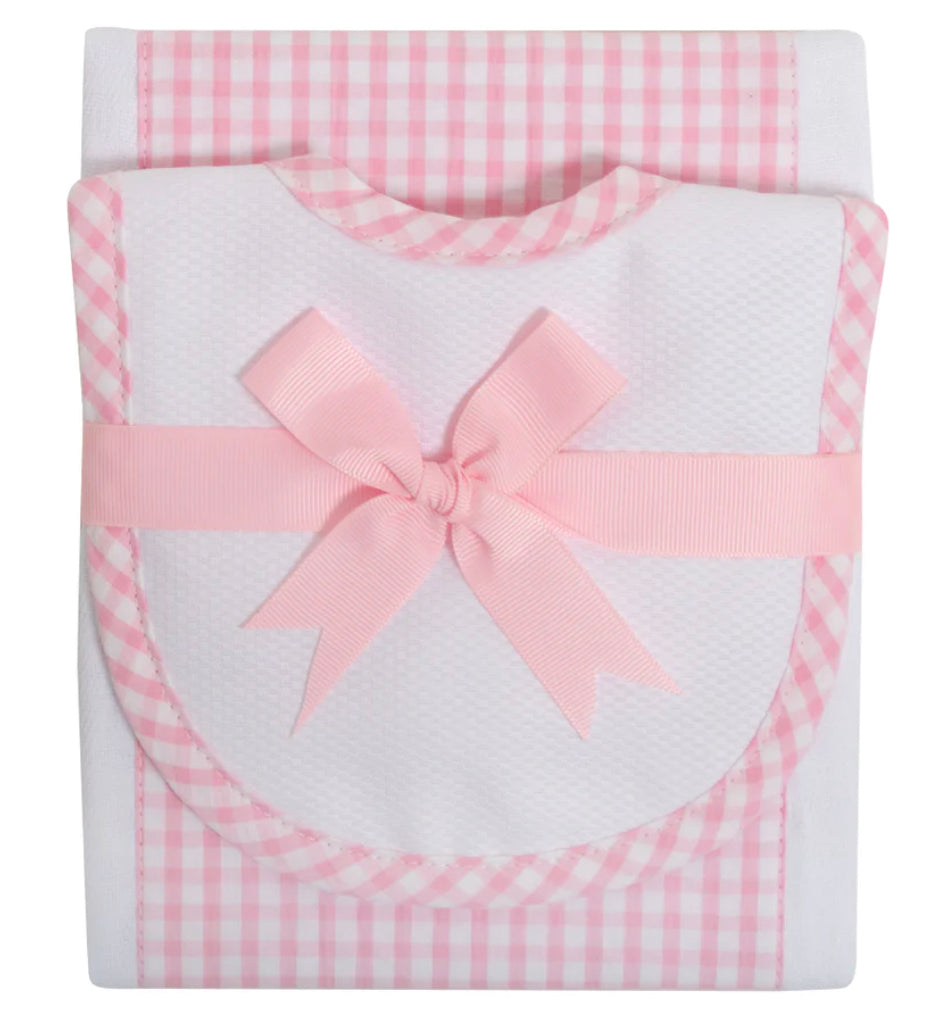 Pink Gingham Bib/Burp Cloth Set