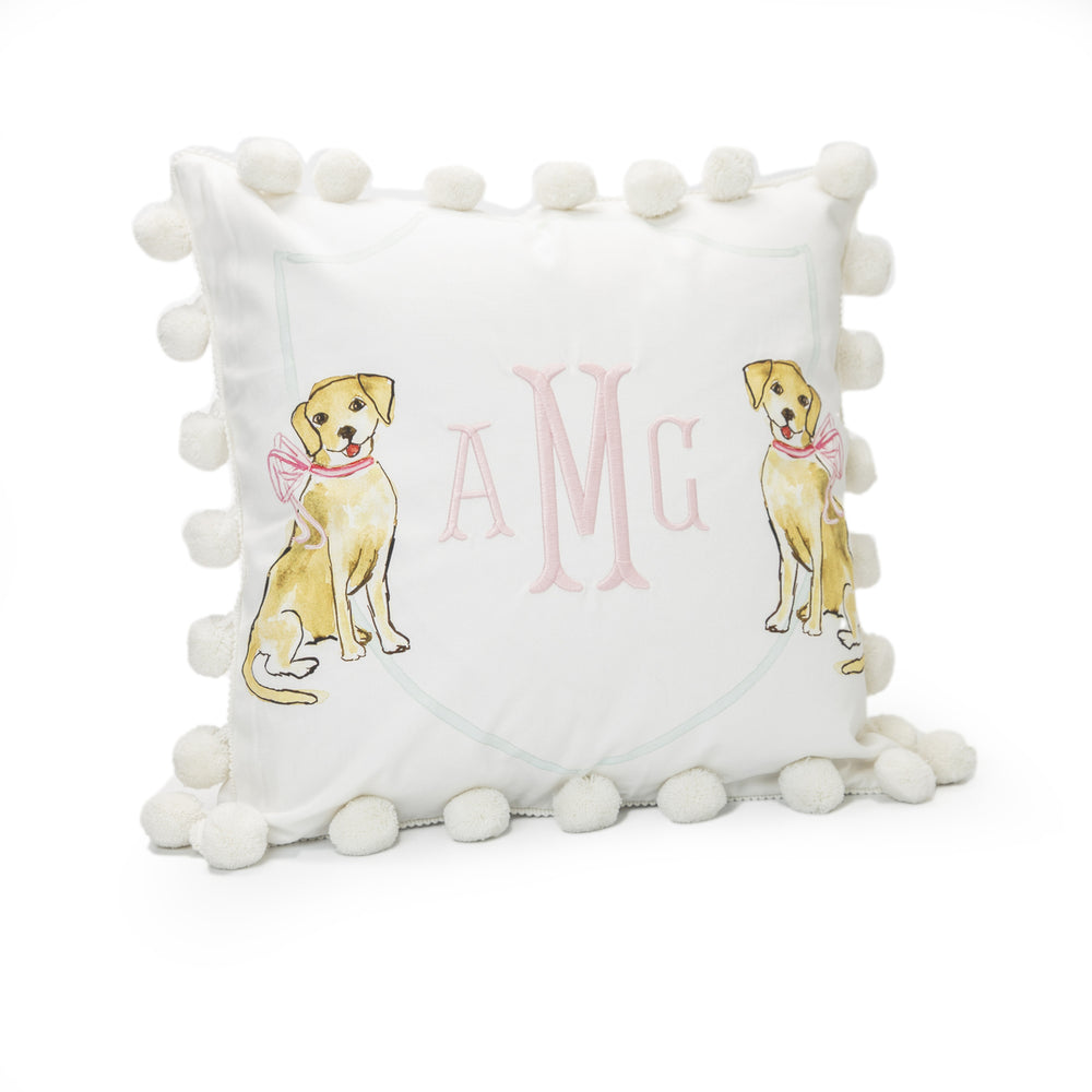 Retriever with Pink Bow Pom Pom Pillow