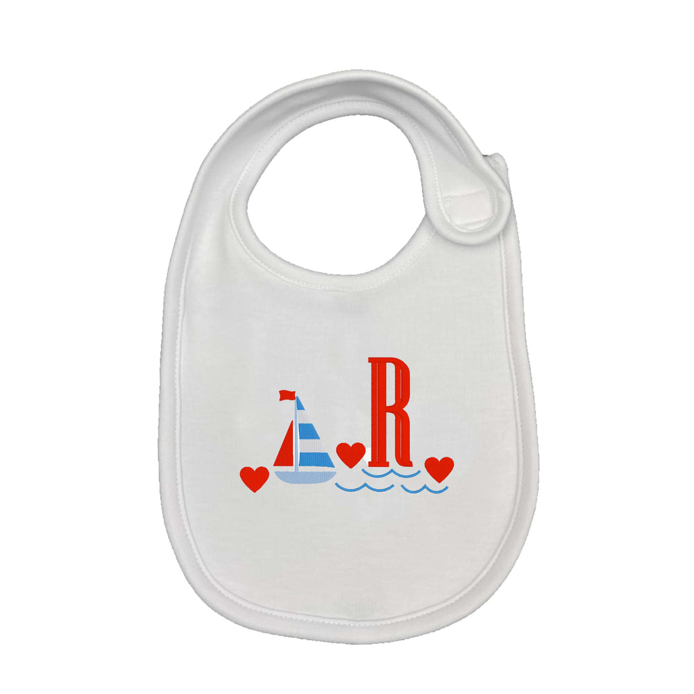 Sailboat & Hearts Embroidered Bib