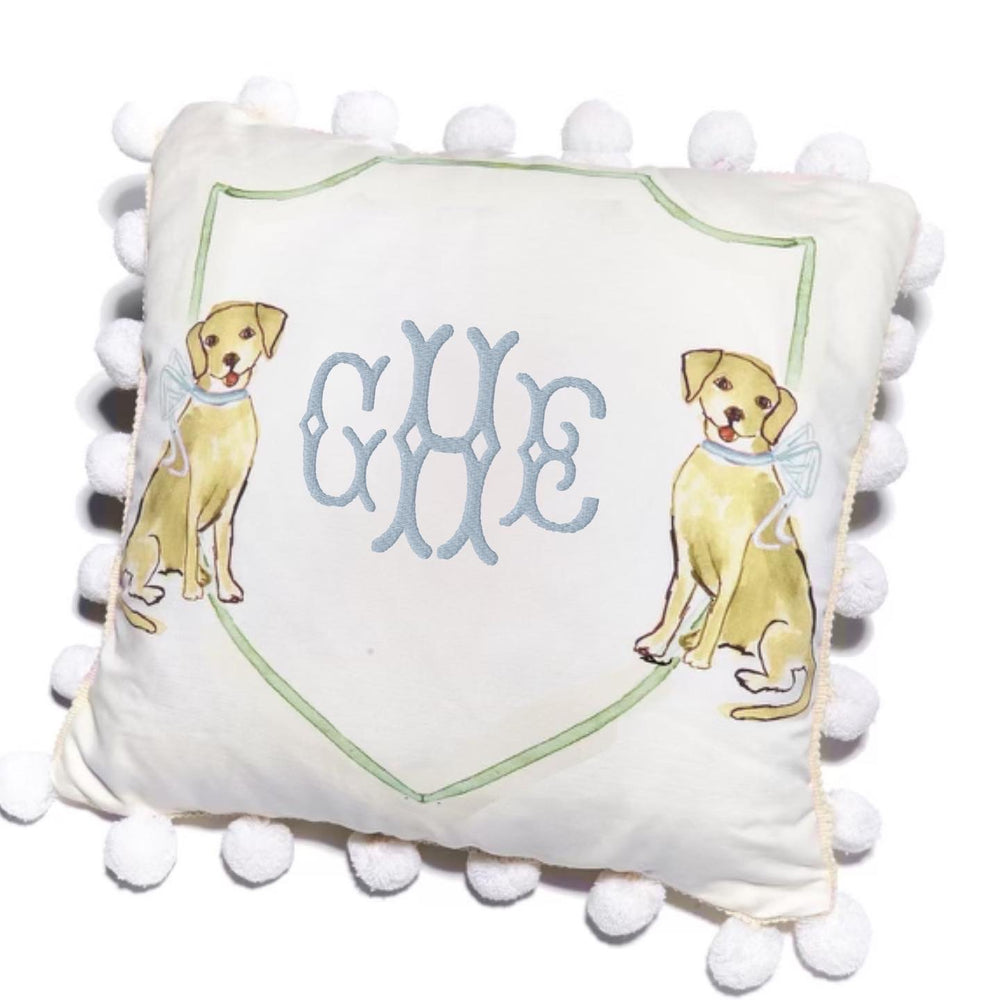 Retriever With Blue Bow Pom Pom Pillow