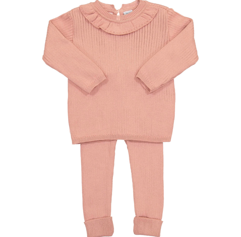 Ruffle Collar Ribbed Knit Set