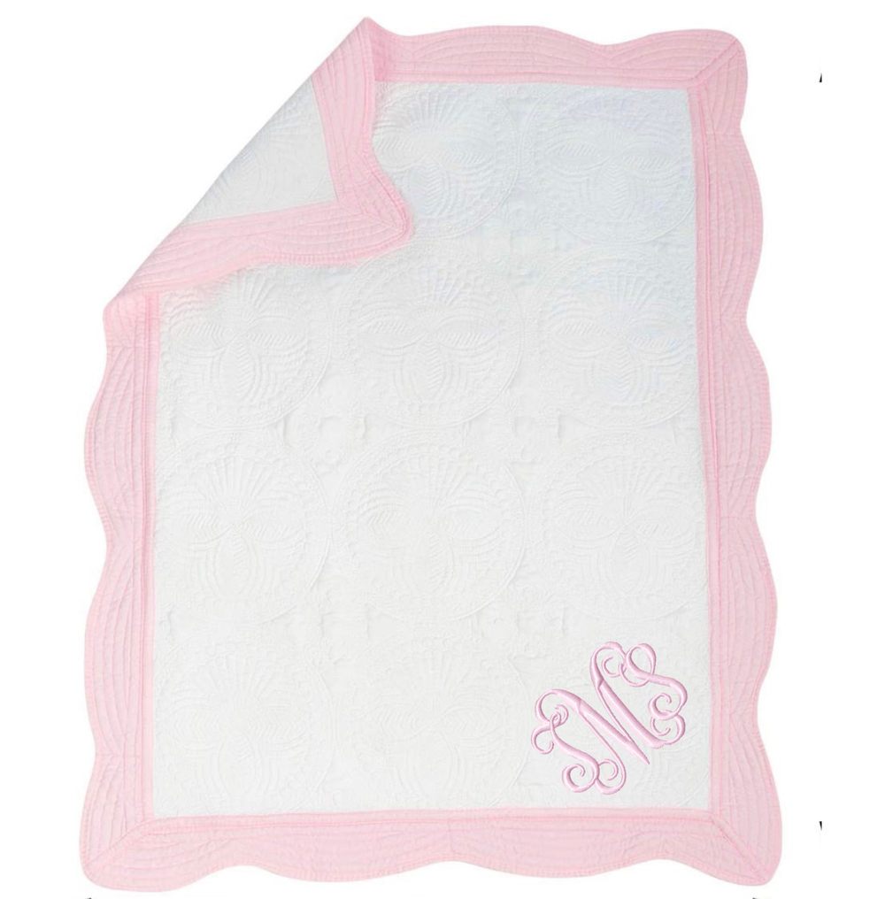 White Quilt/Pink Trim with Embroidered Initials