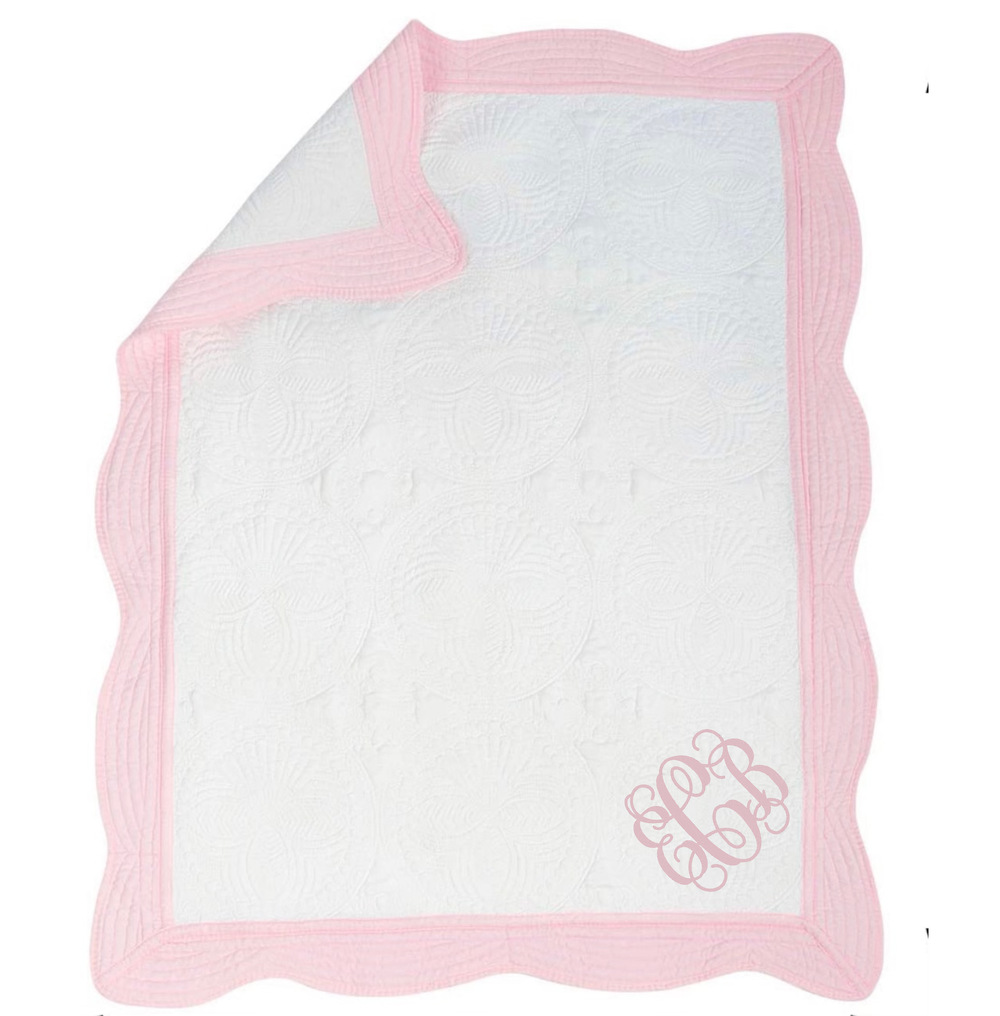 White Quilt/Pink Trim with Embroidered Initials