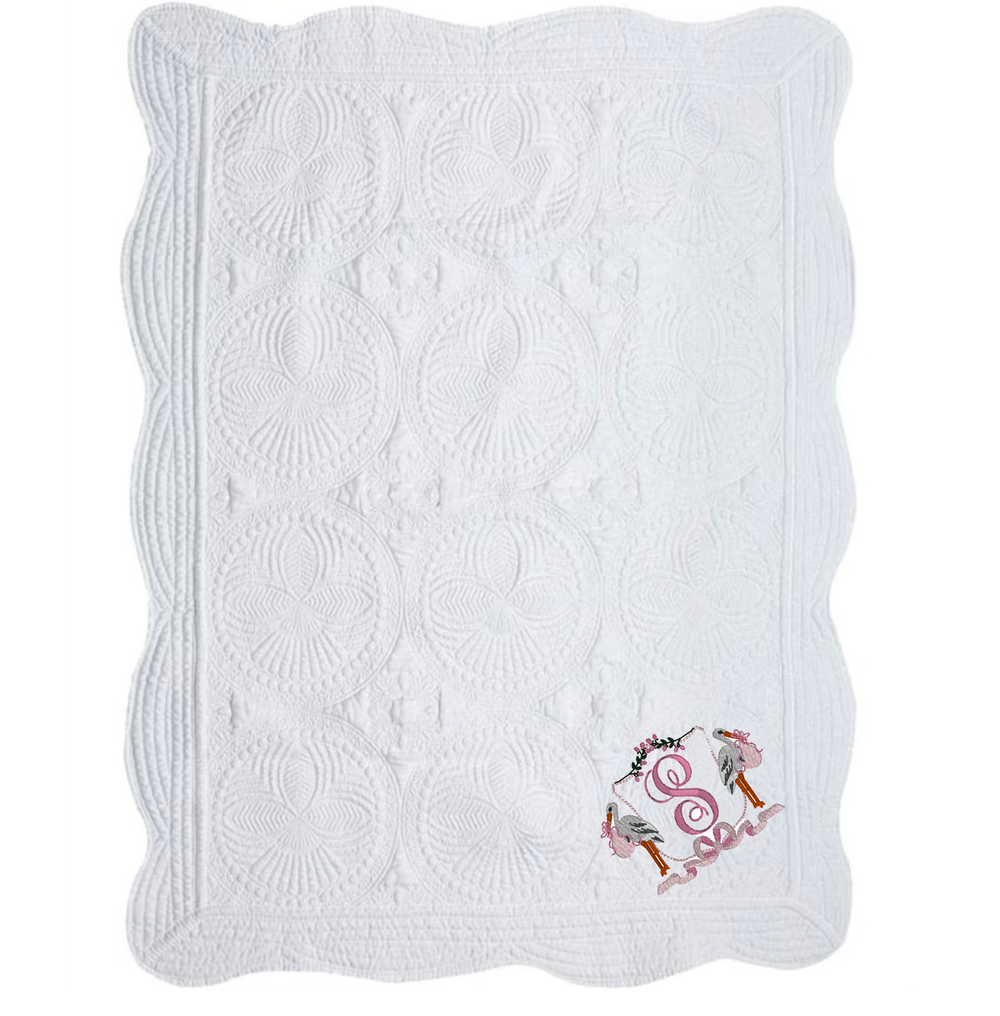 White Quilt with Embroidered Stork and Initials